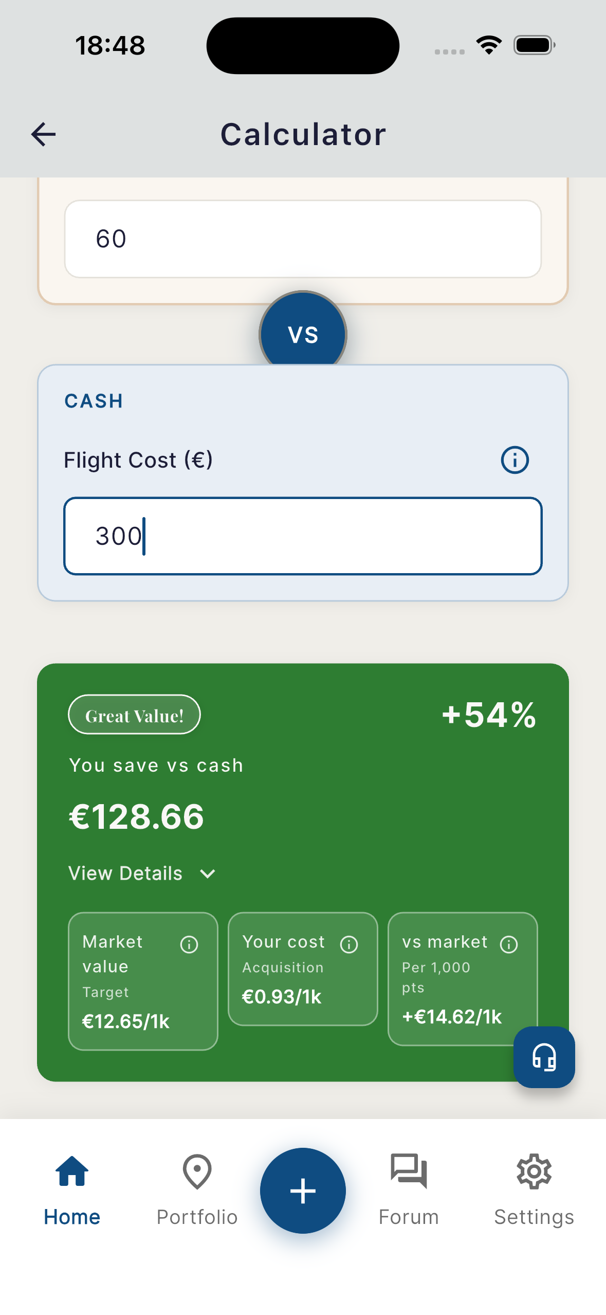 Miles or Cash calculator result showing Great Value +54%, saving €128.66 vs cash with cost basis €0.93 per 1,000 points vs market €12.65 per 1,000