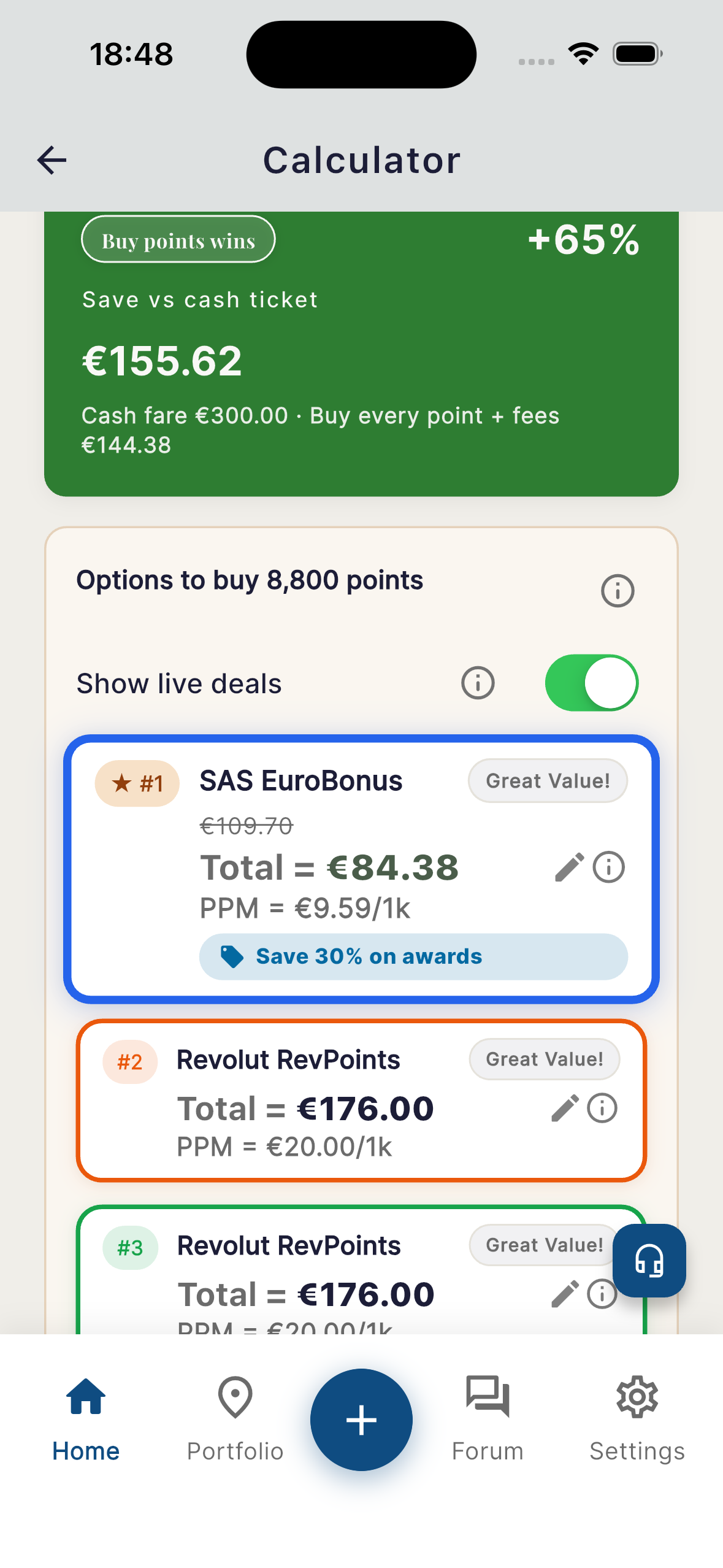 Live Deals screen showing ranked buy options, SAS EuroBonus at €84.38 with 'Save 30% on awards' promotion ranked #1 over Revolut RevPoints at €176
