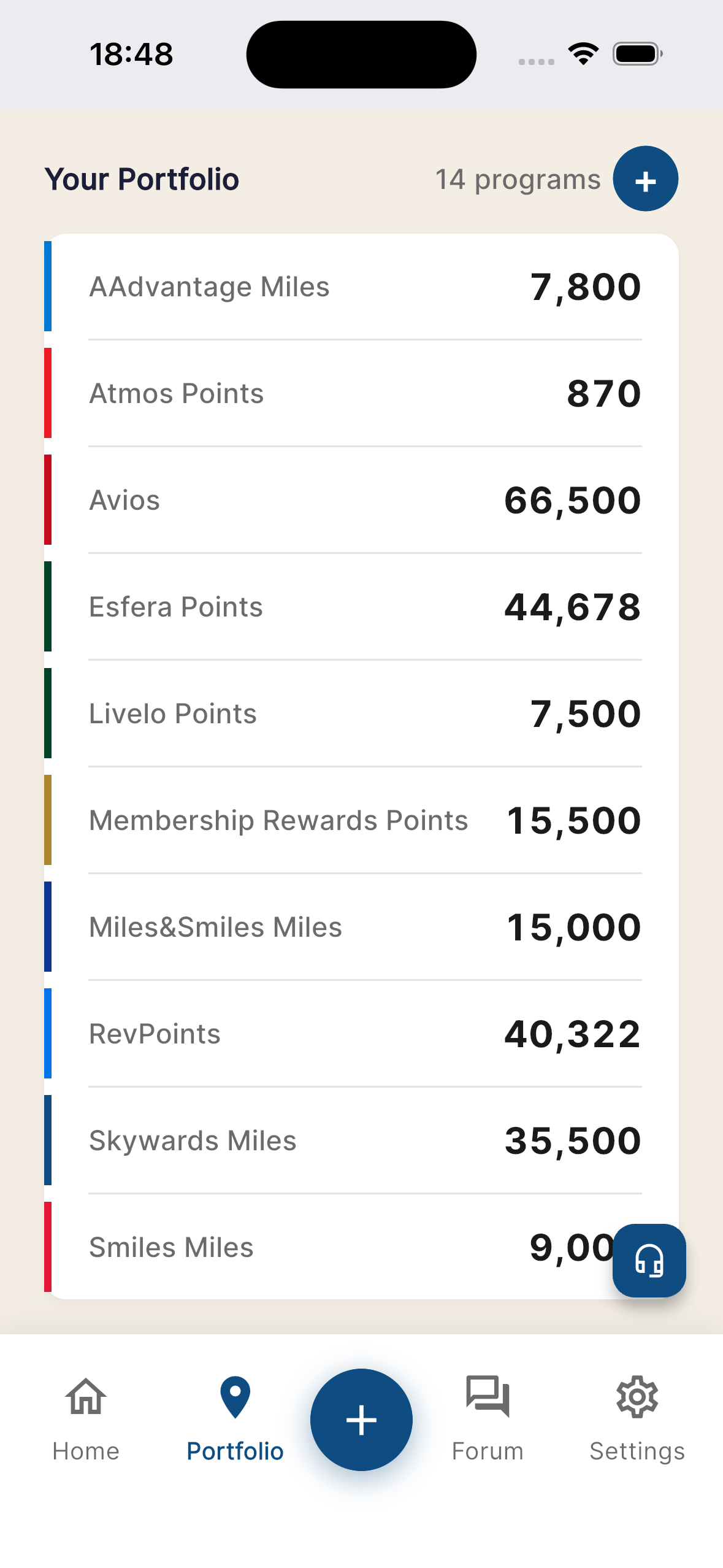 Portfolio screen showing 14 programmes including Avios 66,500 · Esfera 44,678 · RevPoints 40,322 · Skywards 35,500 · Membership Rewards 15,500